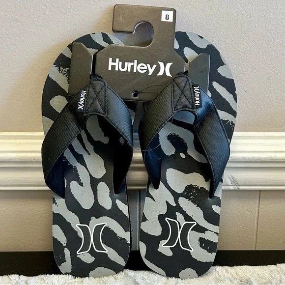 Hurley Black and Gray Flip Flops Men’s Sz 7, 8 or 9 NWT - Picture 1 of 8